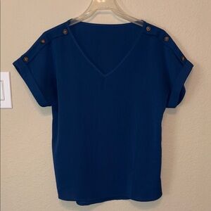 Women’s Dark Blue Button-Shoulder V-Neck Top